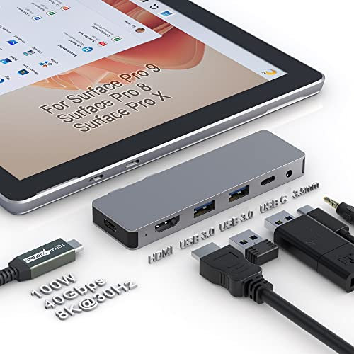 Surface Pro 9-Zubehör mit 4K@60Hz HDMI, Thunerbolt 4 (8K@30Hz Video+40G Data+100W Charge), 5Gbit/s (USB3.0 * 2+USB-C), 3,5-mm-Audio, Triple-Display-Dockingstation für Microsoft Surface Pro 8/9/X