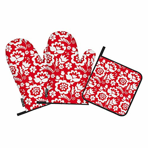 Samgula Ofenhandschuhe und Topflappen, Blumenmotiv, Rot, rustikal, 3 Stück