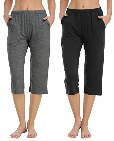 JINSHI Pantalon Pijama Mujer Cortos Verano Partes de Abajo de Pijamas para Mujer con Cordón Elástico Cintura (Negro, Gris oscuro) Talla 2XL