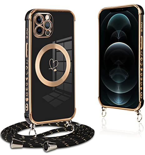 Pnakqil handyband für iPhone 12 Pro Max Hülle mit Band, Kompatibel mit MagSafe, Handyhülle Ultra Dünn Silikon Magnetisch mit Herz Love Muster Schutzhülle mit Kordel für iPhone 12 Pro Max, Schwarz