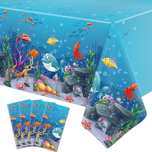 4 Stück Unter dem Meer Tischdecken Ozean Wellen Unterwasser-Tischdecke Ozean Tiere Tischtuch Ozean Tier Sommer Strand Pool Geburtstag Party Supplies 51 x 86 Zoll