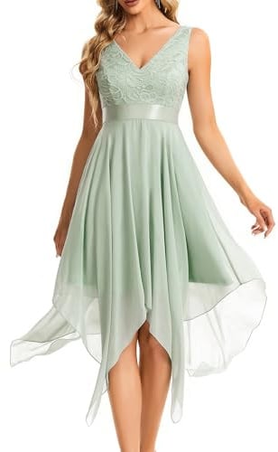 Ever-Pretty Robe de Cocktail Asymétrique au Genou Femme Double Col-V sans Manche en Dentelle Mousseline de Soie 0207