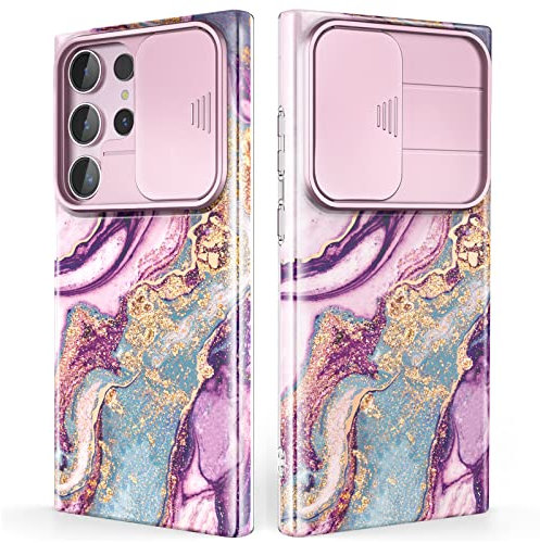 SHEDEER for Samsung S23 Ultra Case with Slide Camera Cover, Samsung Galaxy S23 Ultra Case Slim Fit Shockproof, Glossy Fade-Resistant Pattern Design Phone Cover (Purple)
