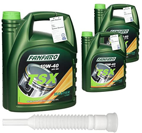 3x Fanfaro TSX SAE 10W-40 Aceite de Motor 3 x 5 Litros de Motor Semisintético de Gasolina Y Diesel 15 Litros API SN ACEA A3/B4 MB 229.3 MB 229.1 VW 501.01 VW 505.00 + Manguera de Drenaje Tubo Vertedor