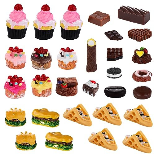 Amaxiu 30 teiliges Puppenhaus Miniatur Essen Lebensmittel Set, Mini Hamburger Kuchen Dessert Modell Lebensmittel Modelle Spiel Lebensmittel Set Rollenspiel Lebensmittel Puppenhaus Dekoration