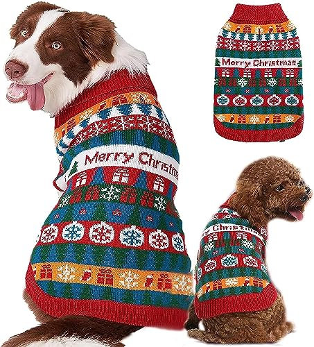 Fiyade Hundepullover Weihnachten, Weihnachtspullover Hundemantel, Weicher Schneeflocken Strickpullover Sweater, Geschenk Hunde Rollkragenpullover Klein Mittelgroße Hunde Katzen, Rot, M