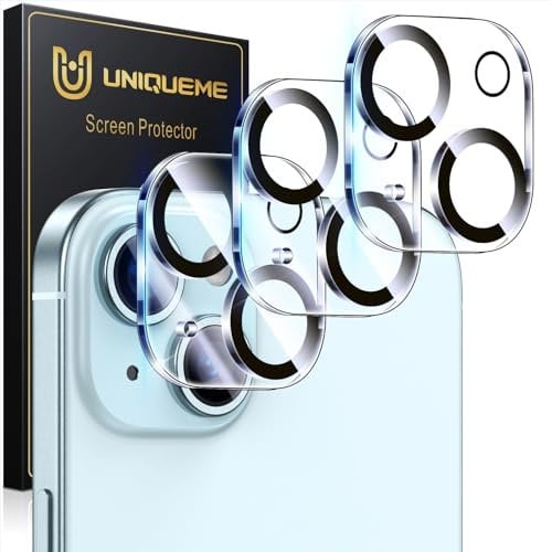 UniqueMe Protector Cámara para iPhone 15/iPhone 15 Plus - 3 Unidades, Ultra HD Clara, Anti-Arañazos, Ultra Resistente, Cristal Vidrio Templado 9H