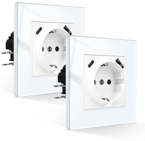 2er-Pack CNBINGO Schuko Steckdose mit USB Anschluss, USB-A und Typ-C Port Max.2,1 Amp total, Unterputz Steckdose mit Krallen, Schutzkontakt Wandsteckdose mit Glasrahmen in Weiß, 1-Fach