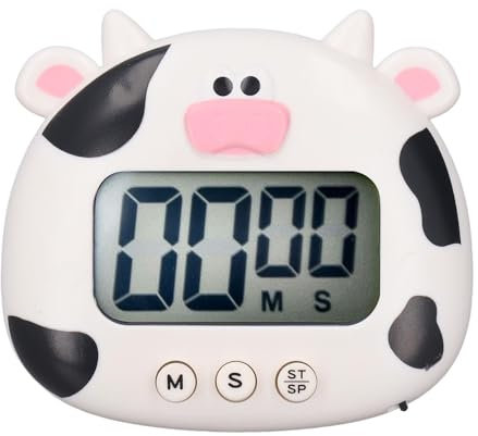 Digitaler Küchentimer Countup Countdown, Kochtimer mit Alarmständer und Display, Automatische Abschaltung in Cartoon-Tierform für die Backküche (Weiße Kuh)