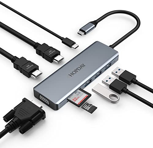 USB C Hub Adapter, 9 in 1 USB C Docking Station, Multiport Dock Triple Display USB 3.0 Hub with 2 HDMI,VGA,3 USB 3.0,100W PD,SD/TF Card Reader for Surface Pro, Laptop hub, Tablet