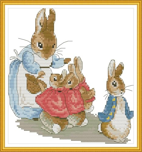 ABEUTY 14ct Kreuzstich Stickpackungen Zählbare Ungestempelt, Hase Familie Kaninchen Stoff ohne Vorgedrucktes Muster Stickerei Set Erwachsene Anfänger (Nicht Vorgedruckt, Kaninchen)