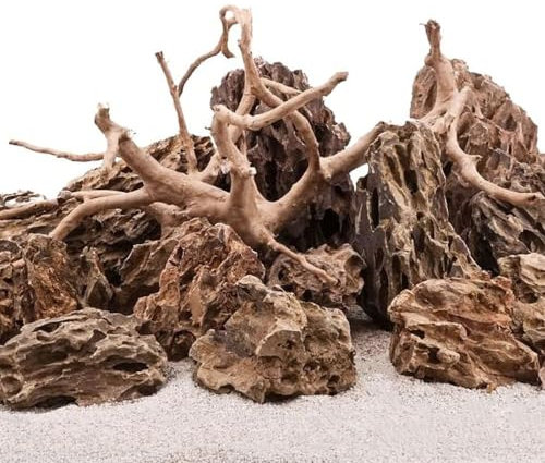 AquaOne Aquarium Steine Drachensteine Set mit Wurzel I Natursteine Dragon 10kg Mix und Mookienwurzel L I Aquascaping Gestein I Felsen Dekoration I Pagode Rückwand