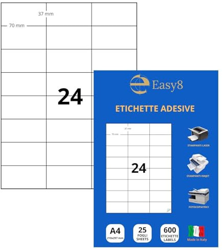 Easy8 70x37 25 Blatt, A4-Klebeetiketten, selbstklebend, ohne Rand, bedruckbar, weiß, kompatibel mit allen Laser-, Tintenstrahl- und Fotokopierdruckern