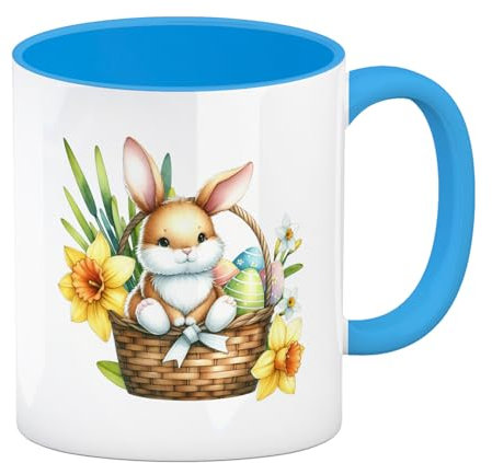 Niedlicher Osterhase im Osternest Kaffeebecher in hellblau Süßer Hase Tasse mit Osterglocken Osterkorb-Design Idealer Kaffeebecher in hellblau für Osterkorb Glocken