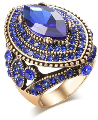 BISONBLUE Ringe Damen Rings Frauen Geschenk Modeaccessoires Luxuriöser antiker Ring für Damen, Vintage-Look, AAA-blauer Kristall, Boho 10 Blau