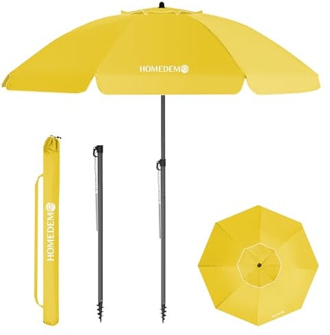 HOMEDEMO Parasol Plage Inclinable avec Revêtement Argenté, Protection Solaire UV50+, avec Pied d'Ancrage à Visser & Housse de Protection, pour Terrasse, Piscine, Marché, 200cm, Jaune
