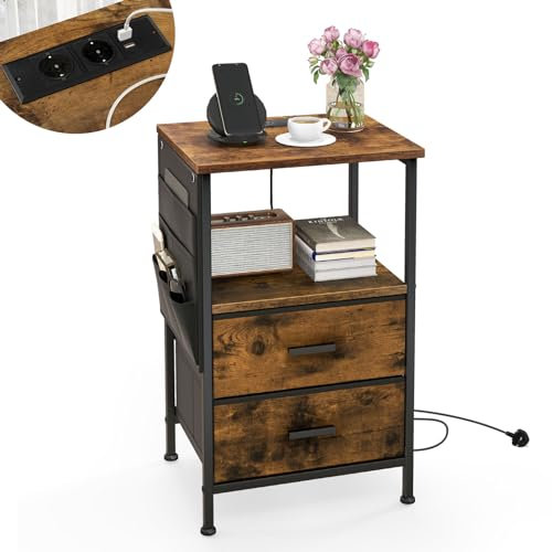 GIANTEX Comodino con Presa di Corrente, Tavolino con 2 Cassetti, 6 Tasche Laterali, 2 Prese, 2 Porte USB, per Soggiorno, Camera da Letto, Ufficio, Montaggio Facile, Marrone Vintage