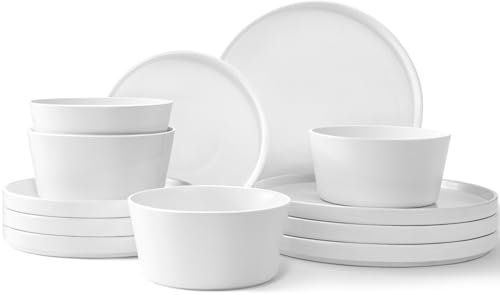 Asrug Juego de platos y cuencos de 12 piezas, vajilla de cerámica para 4, resistente a los golpes y a los arañazos, vajilla de porcelana para comedor, apto para microondas y lavavajillas, blanco mate