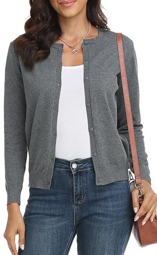 BERESIA Cardigan Donna Maglia con Bottoni Golfino Girocollo Manica Lunga Giacca Cappotto Elegante, Grigio Scuro XXL