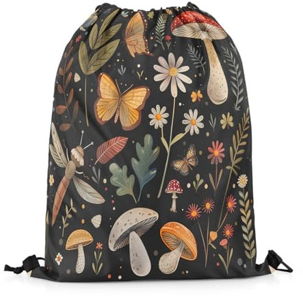 Homewish Pilz String Rucksack Libelle Schmetterling Draw String Rückentasche Dschungel Wildblume Drawstring Taschen Natürliche Rustikale Pilz Pflanze Drawstring Rucksack