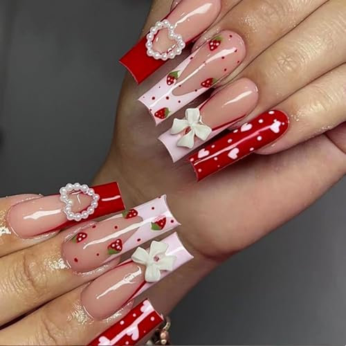 Goiern Lot de 24 faux ongles press on nails longs à paillettes roses faux ongles noirs bijoux carrés brillants fleurs 3D faux ongles faux ongles