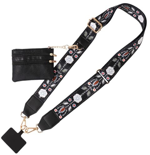 Lasuroa Phone Strap Crossbody with Pouch, Clip and Go Cell Phone Neck Strap Holder for Outdoor Sport Exercise Shopping Daily Activity (Black Flower Style)