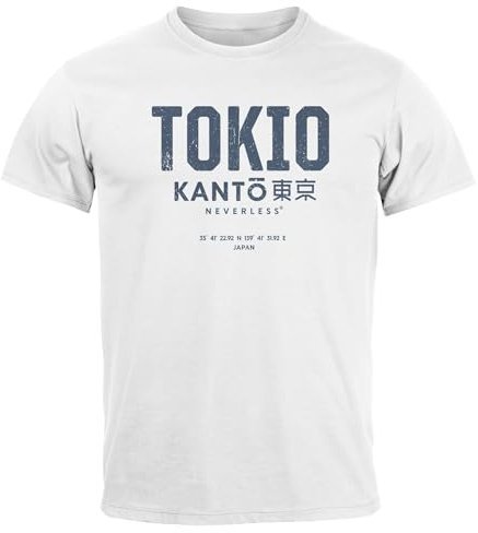Neverless® Herren T-Shirt Frontprint Tokyo Japan Japanische Schriftzeichen Grafik Printshirt Fashion Streetstyle Weiss S