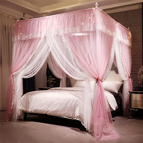 HUOQOU Baldaquin Princesse avec Volants Ciel de Lit Rectangulaire à 4 Ouvertures Moustiquaire Double Couche pour Chambre de Fille Décoration Romantique Doux et Respirant(Rose/Blanc,1,8W x2l x2,1H(m))