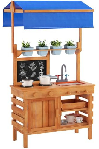 GYMAX Kids Mud Kitchen, Fir Wood Children Potting Bench Table with Adjustable Canopy, Sink, Chalkboard, 4 Pots, 2 Trowels & 1 Rake, Outdoor Toy Kitchen for 3 Years Old+ Boys Girls