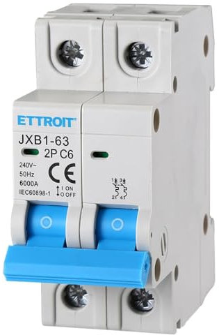 Interruttore magnetotermico 2P, occupa 2 moduli, 220V 230V, 6A C6, curva C, 6KA 6000A