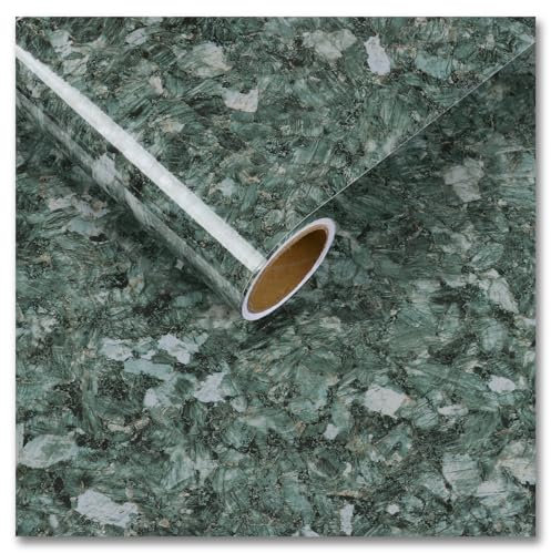 CRE8TIVE Papier Peint Terrazzo Vert Foncé Papier Peint Adhesif Mural Brillant Vert Vinyle Adhesif Marbre Papier Adhesif pour Meuble Cuisine Impermeable Film pour Salle de Bain Armoire 30cm x 200cm