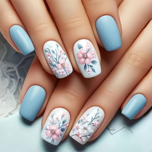 24Pcs Flower Pattern Design Press on Nails, Acrylic Full Cover Coffin Nails – Blue Flower & Chinese Style, Medium Ballet Shape