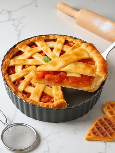 Yamteck Deep Quiche Dish 24 * 5.5cm with Cake Server, Loose Base, Tart Tin for Baking with Non-Stick Coating and Rugged Carbon Steel, Flan Case Mini Pie Pan for Christmas Thanksgiving Festival Party