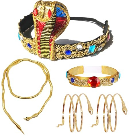 SAIIURV 5 Stück Altägyptisches Kostüm Zubehör Pharao Kostüm Zubehör Ägyptischer Kopfschmuck Halskette Bracelet Schlange Armband Pharao Accessoires für Frauen Halloween Karneval Party (5 Stück)