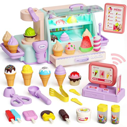 MUZREES Eiscreme-Spielzeug, Spielzeug für 4-jährige Mädchen, Spiel-Eiscreme-Theken-Ladenset für Kinder, Eisportionierer, Geschenke für Mädchen 3 4 5 6 7 8Jahre alt