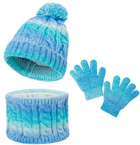 MASOCIO Kinder Schal Mütze Handschuhe Set Mädchen Wintermütze Warme Strickmütze mit Bommel Beanie Hat 3-10 Jahr