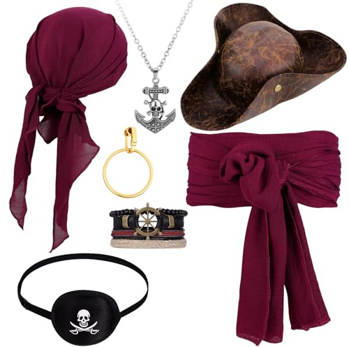 8 Stück Piratenkostüm Damen Herren mit Piraten Kopftuch, Hüfte Tuch | Augenklappe, Ohrringe, Totenkopfring, Ankerkette, Armband & Captain Hook, Pirate Accessories für Karneval Halloween