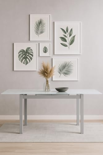 Meyvaser.com Ecommerce Company Mesa de Comedor Extensible Blanca con Chasis Gris Plata – 110/170x70x75 cm – Tapa de Cristal Templado y Patas Metálicas – Diseño Moderno y Elegante