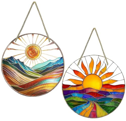 XFSRG 2 Stück Sonnenfänger 20x20 cm Acryl Anhänger Boho Deko Fensterdeko Hängend mit Buntem Glas Effekt Lichtfänger für Garten Balkon Wohnzimmer Schlafzimmer