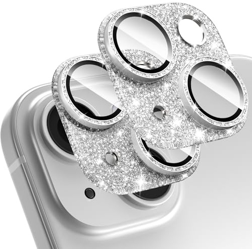 Giftorld [2 Pack Bling Camera Lens Screen Protector for iPhone 14/14 Plus with 9H Tempered Glass Aviation Aluminum Plate Cover Metal Ring,HD Clarity-Glitter Silver