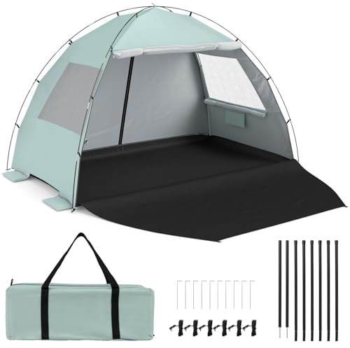 COSTWAY Strandmuschel mit Vordach, Strandzelt UV-Schutz 50+ mit Reißverschlusstüren & Netzfenstern, Zelt für 5-6 Personen inkl. Tragetasche & Heringe (260 x 150 x 160 cm,Grün)