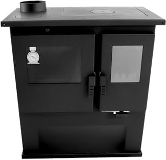 Verso CS Lite Holzofen mit Backofen 7,7 kW, 82,2% hoher Wirkungsgrad, Metallkochfeld & Backofen mit Thermometer, Stahlkörperoberplatte (kein Gusseisen), Kaminheizung für 135-165 m³, 150 mm Rauchabzug