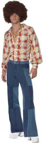 Smiffys 70s Deluxe Flared Trousers, Mens, Blue Patchwork Denim, 1970's Disco Fancy Dress, Adult Dress Up Costumes