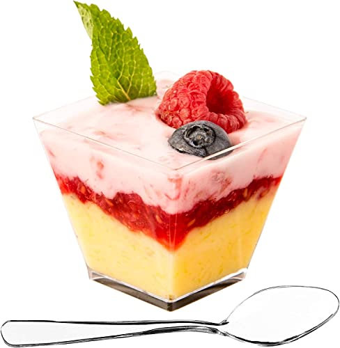 DLux Dessert Cups with Spoons, 60 ml 50 Pcs - Clear Plastic Parfait Appetizer Cups, Square Short Reusable Shot Glass Bowl for Party Desserts Appetizers - with Recipe Ebook