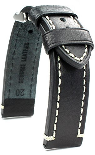 Sulla 20mm Kalbsleder Uhrenarmband Retro Flieger Catalonia Schwarz Weiße Naht