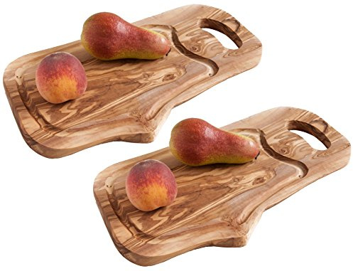 Set di 2 taglieri in legno d'ulivo, composto da 2 taglieri rustici con scanalatura e manico (2 TLG 35 cm)