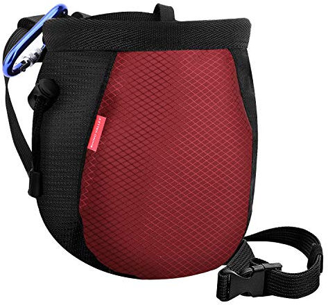 Rhino Valley Klettern Kreide Tasche, Auslaufsicher Kordelzug-Kreidebeutel mit verstellbarem Gürtel, Karabinerhaken und Reißverschluss Chalk Bag für Klettern, Gymnastik & Mehr - Schwarz & Rot