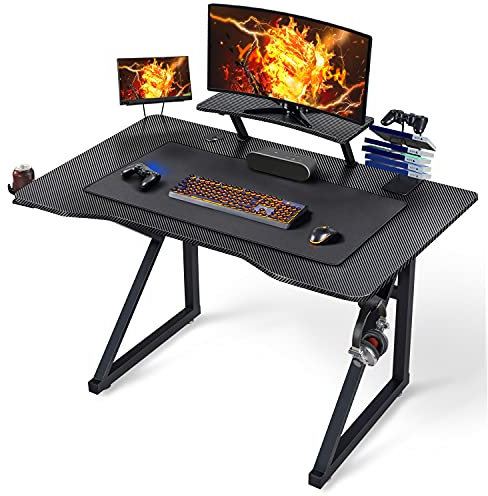 Yaheetech Bureau Gaming 110x70cm Bureau Gamer Bureau d’étude Ergonomique Table de Jeu pour Ordinateur PC Domicile avec Support de Moniteur Réglable, Porte-gobelet, Support de Poignée, Noir