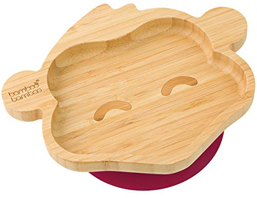 bamboo bamboo Baby Teller Kinderteller, Kindergeschirr mit Saugnapf, Sugnapf Teller Baby ab 6 Monaten (Affe, Kirsche)
