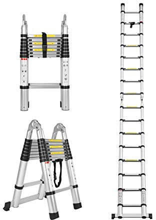 5m Teleskopleiter Mehrzweckleiter (2,5m+2,5m) Klappleiter für Dachboden/Kletterdach/Büronutzung/Baujob Ausziehbar Aluleiter Rutschfeste Stufen 150 Kg Belastbar